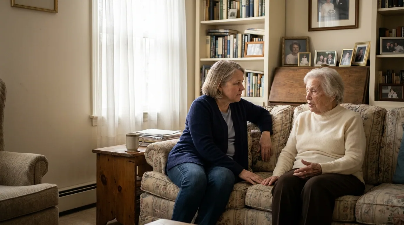A caregiver listening to an older woman during a conversation at home